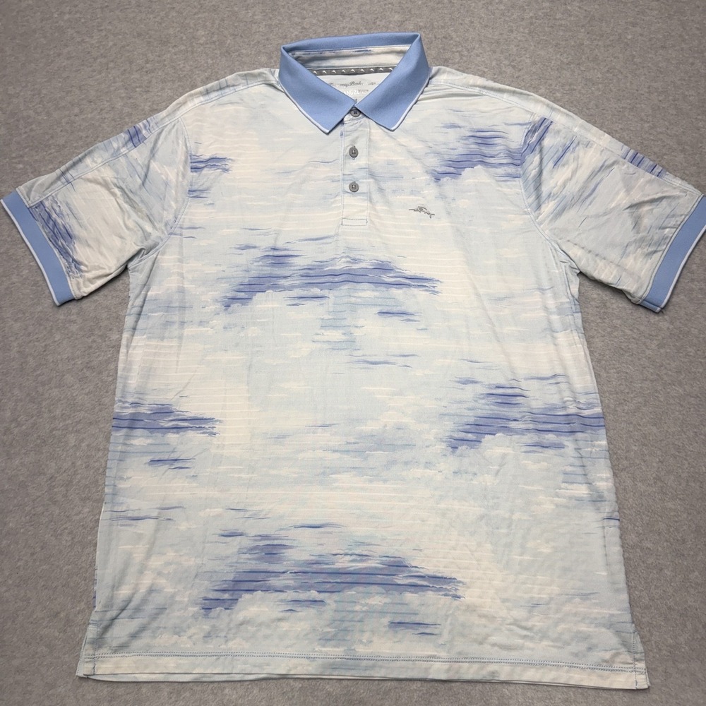 Tommy Bahama Polo Shirt Mens Medium Blue IslandZone Cloud Print Golf Casual